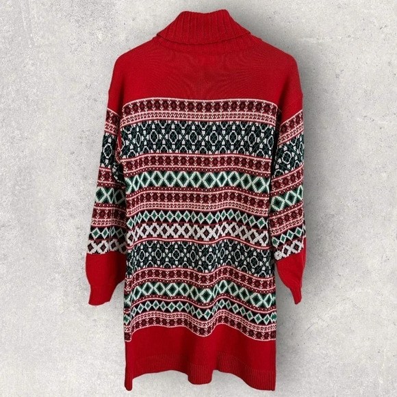 NWT Crown & Ivy Womens Large Red Fair Isle Turtleneck Sweater Dress Holiday New - Picture 2 of 5